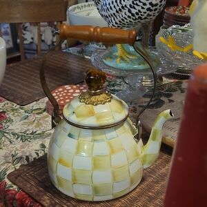 MacKenzie-Childs Yellow Checkered Teapot with Wooden Handle Never Used New